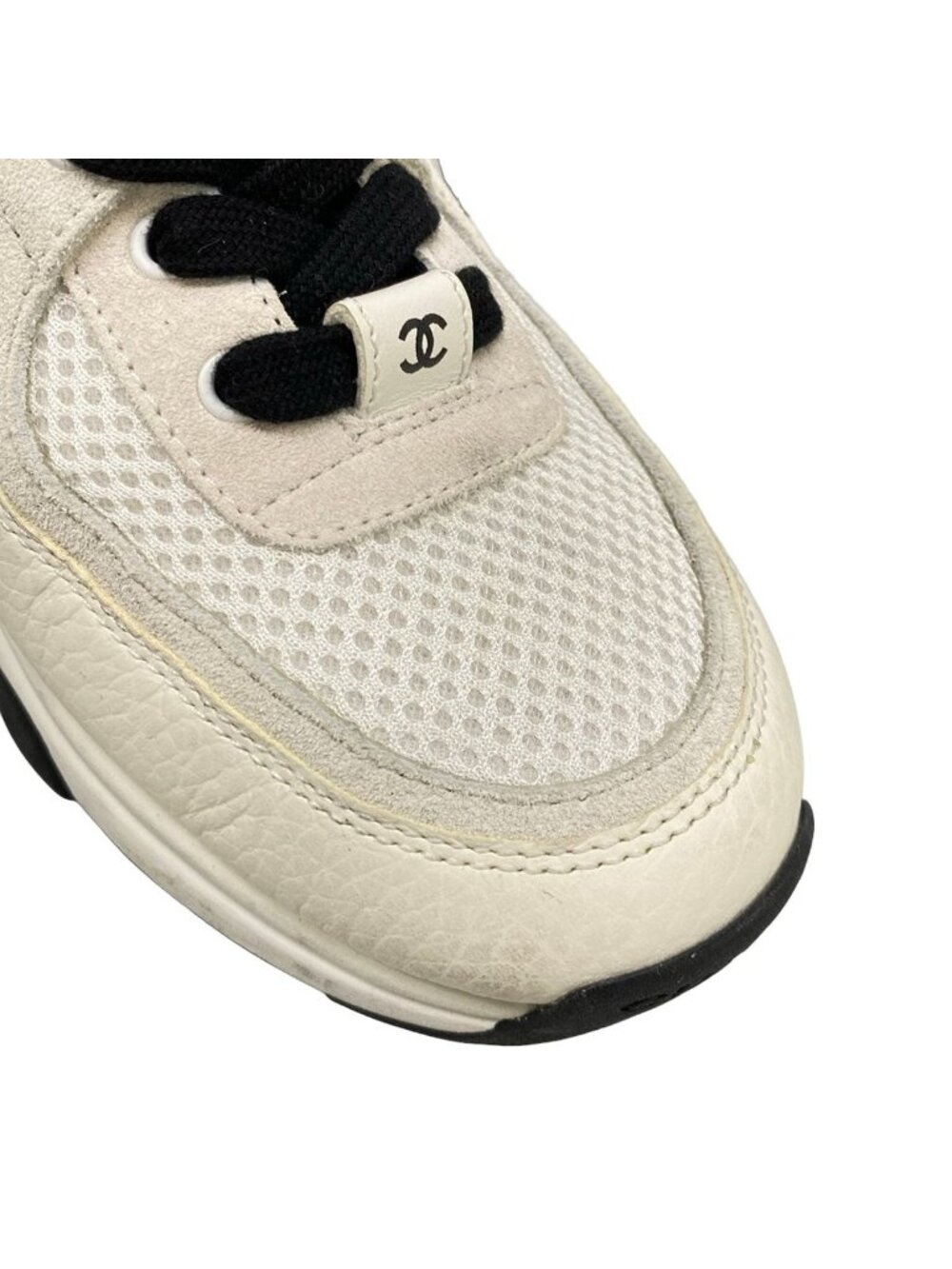 Chanel Sneakers 36.5 White Ivory Black CC Logo Cotton Leather - Picture 12 of 13